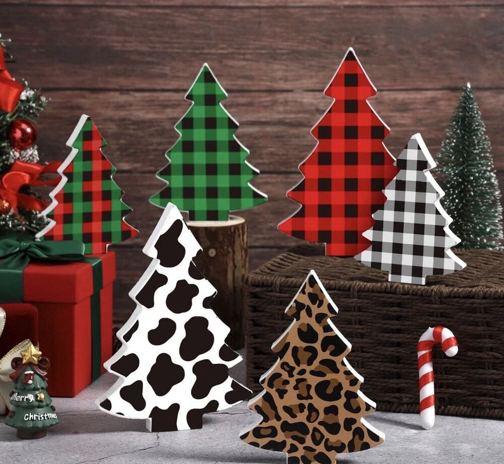 6 Pieces Buffalo Plaid Tiered Tray Decor Wood Table Christmas Tree Rustic Woo...